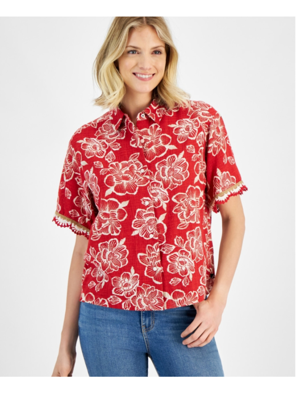 Nautica Jeans Women's Large Red Floral Print Crochet Trim Short Sleeve Shirt NWT